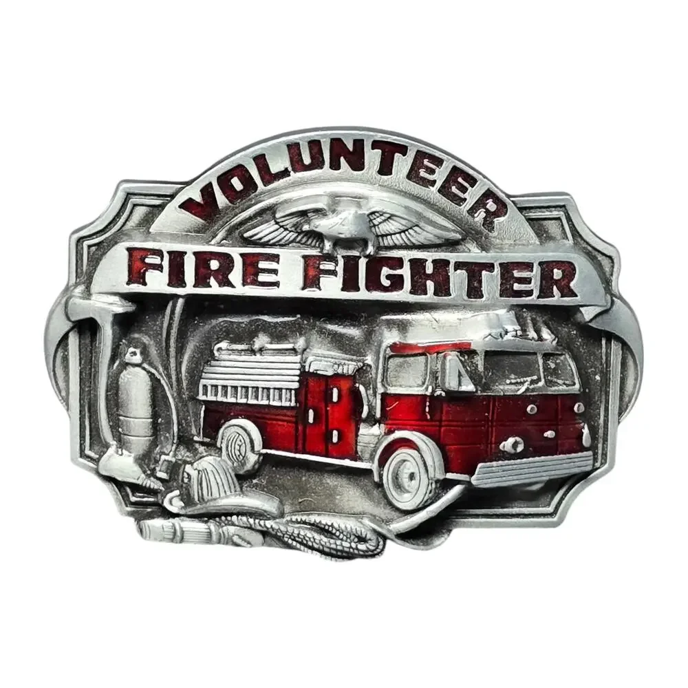 Vintage Silver & Red Volunteer Fire Fighter Engine Pewter High End Belt Buckle